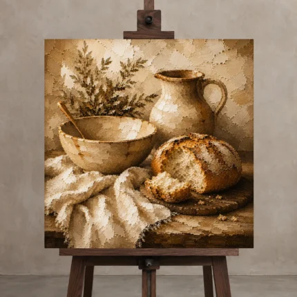 Soft Caramel & Clay Rustic Kitchen Still Life Wall Art Canvas Print displayed on a studio easel