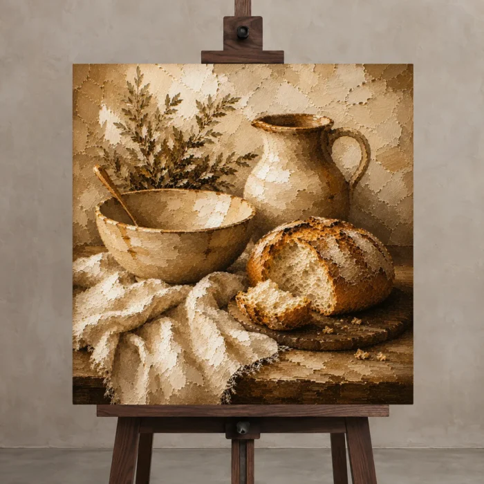 Soft Caramel & Clay Rustic Kitchen Still Life Wall Art Canvas Print displayed on a studio easel