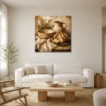 Soft Caramel & Clay Rustic Kitchen Still Life Wall Art Canvas Print styled in a refined neutral interior
