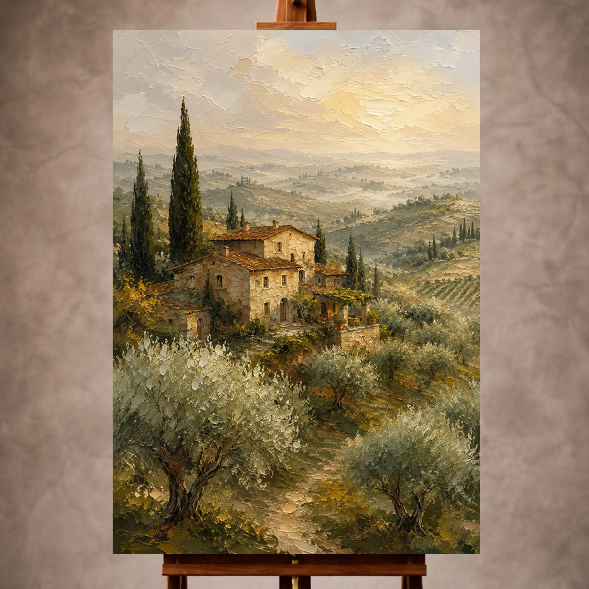 Premium Wall Art Dikey Html Edition – LANDSCPE006 Image 1 Soft olive and terracotta Tuscan Landscape Wall Art print for elegant interiors. No text or watermarks in design.