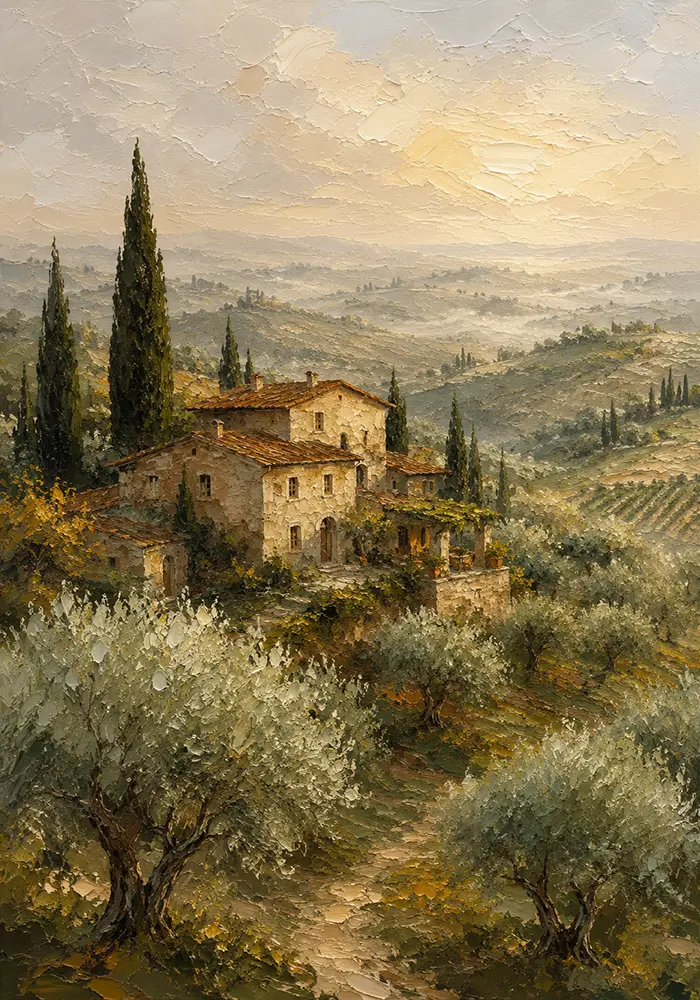 Soft Olive & Terracotta Tuscan Landscape Wall Art Canvas Print