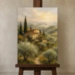 Soft Olive & Terracotta Tuscan Landscape Wall Art Canvas Print displayed on a studio easel