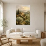 Soft Olive & Terracotta Tuscan Landscape Wall Art Canvas Print styled in a refined neutral interior