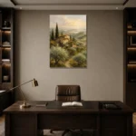Soft Olive & Terracotta Tuscan Landscape Wall Art Canvas Print displayed in a contemporary gallery-inspired room