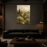 Soft Olive & Terracotta Tuscan Landscape Wall Art Canvas Print shown in a warm modern interior