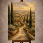Sage and ochre Tuscan Landscape Wall Art print for elegant interiors. No text or watermarks in design.
