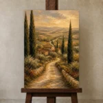 Sage & Ochre Tuscan Landscape Wall Art Canvas Print displayed on a studio easel