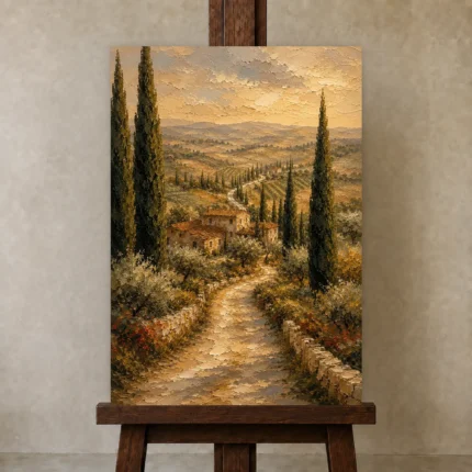 Sage & Ochre Tuscan Landscape Wall Art Canvas Print shown in Studio Easel