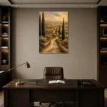 Sage & Ochre Tuscan Landscape Wall Art Canvas Print displayed in a contemporary gallery-inspired room