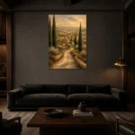 Sage & Ochre Tuscan Landscape Wall Art Canvas Print shown in a warm modern interior