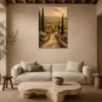 Sage & Ochre Tuscan Landscape Wall Art Canvas Print presented in a sophisticated home setting