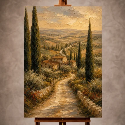 Olive and terracotta Tuscan Landscape Wall Art print for elegant interiors. No text or watermarks in design.