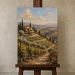 Olive & Terracotta Tuscan Landscape Wall Art Canvas Print displayed on a studio easel