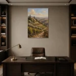 Olive & Terracotta Tuscan Landscape Wall Art Canvas Print displayed in a contemporary gallery-inspired room