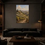 Olive & Terracotta Tuscan Landscape Wall Art Canvas Print shown in a warm modern interior