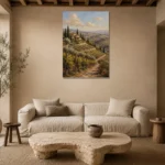 Olive & Terracotta Tuscan Landscape Wall Art Canvas Print presented in a sophisticated home setting
