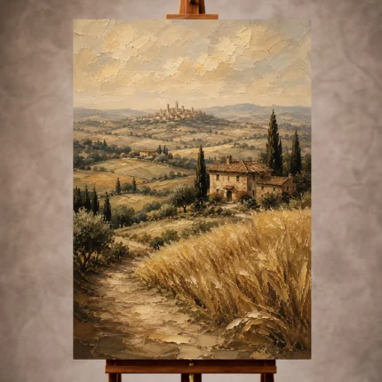 Golden wheat Tuscan Landscape Wall Art print for elegant interiors. No text or watermarks in design.