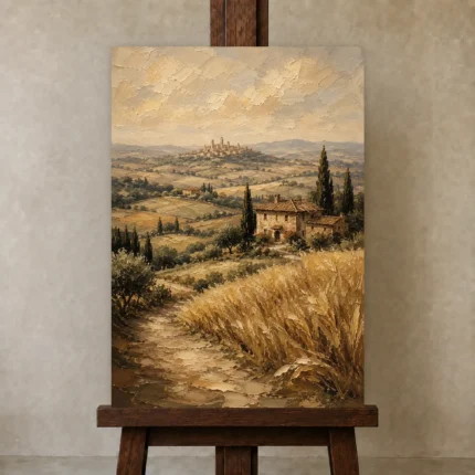 Golden Wheat Tuscan Landscape Wall Art Canvas Print shown in Studio Easel