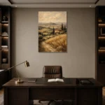 Golden Wheat Tuscan Landscape Wall Art Canvas Print displayed in a contemporary gallery-inspired room