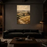 Golden Wheat Tuscan Landscape Wall Art Canvas Print shown in a warm modern interior