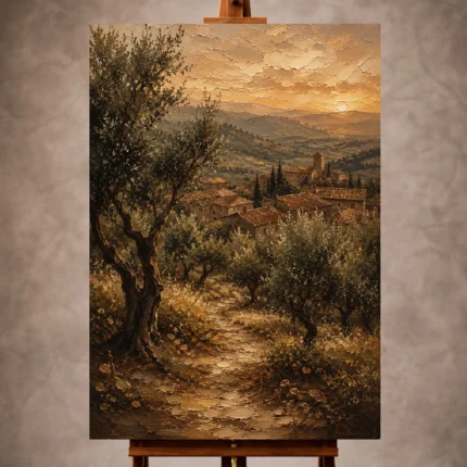 Deep olive and terracotta Tuscan Landscape Wall Art print for elegant interiors. No text or watermarks in design.