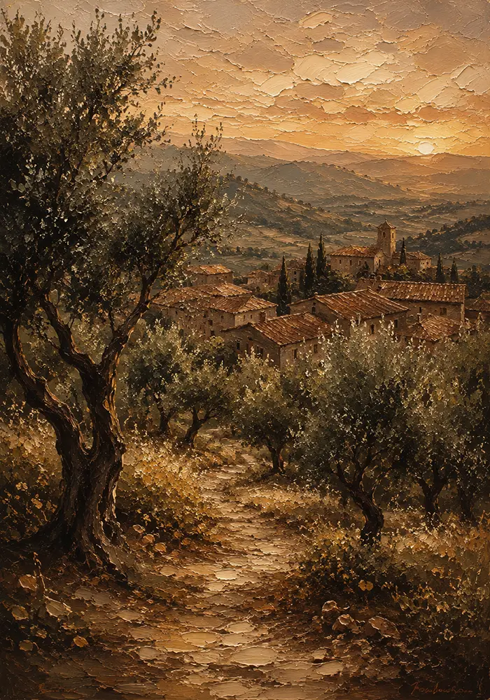 Deep Olive & Terracotta Tuscan Landscape Wall Art Canvas Print