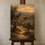 Deep Olive & Terracotta Tuscan Landscape Wall Art Canvas Print displayed on a studio easel