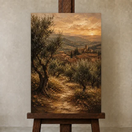 Deep Olive & Terracotta Tuscan Landscape Wall Art Canvas Print shown in Studio Easel
