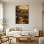 Deep Olive & Terracotta Tuscan Landscape Wall Art Canvas Print styled in a refined neutral interior