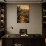 Deep Olive & Terracotta Tuscan Landscape Wall Art Canvas Print displayed in a contemporary gallery-inspired room