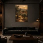 Deep Olive & Terracotta Tuscan Landscape Wall Art Canvas Print shown in a warm modern interior