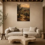 Deep Olive & Terracotta Tuscan Landscape Wall Art Canvas Print presented in a sophisticated home setting