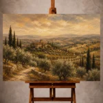 Olive and ochre Tuscan Landscape Wall Art print for elegant interiors. No text or watermarks in design.