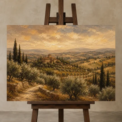 Olive & Ochre Panoramic Tuscan Landscape Wall Art Canvas Print displayed on a studio easel