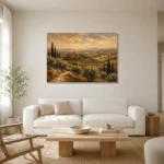 Olive & Ochre Panoramic Tuscan Landscape Wall Art Canvas Print styled in a refined neutral interior