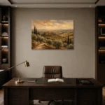 Olive & Ochre Panoramic Tuscan Landscape Wall Art Canvas Print displayed in a contemporary gallery-inspired room