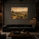 Olive & Ochre Panoramic Tuscan Landscape Wall Art Canvas Print shown in a warm modern interior