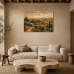 Olive & Ochre Panoramic Tuscan Landscape Wall Art Canvas Print presented in a sophisticated home setting