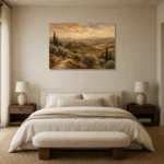 Olive & Ochre Panoramic Tuscan Landscape Wall Art Canvas Print showcased in an elegant minimalist interior