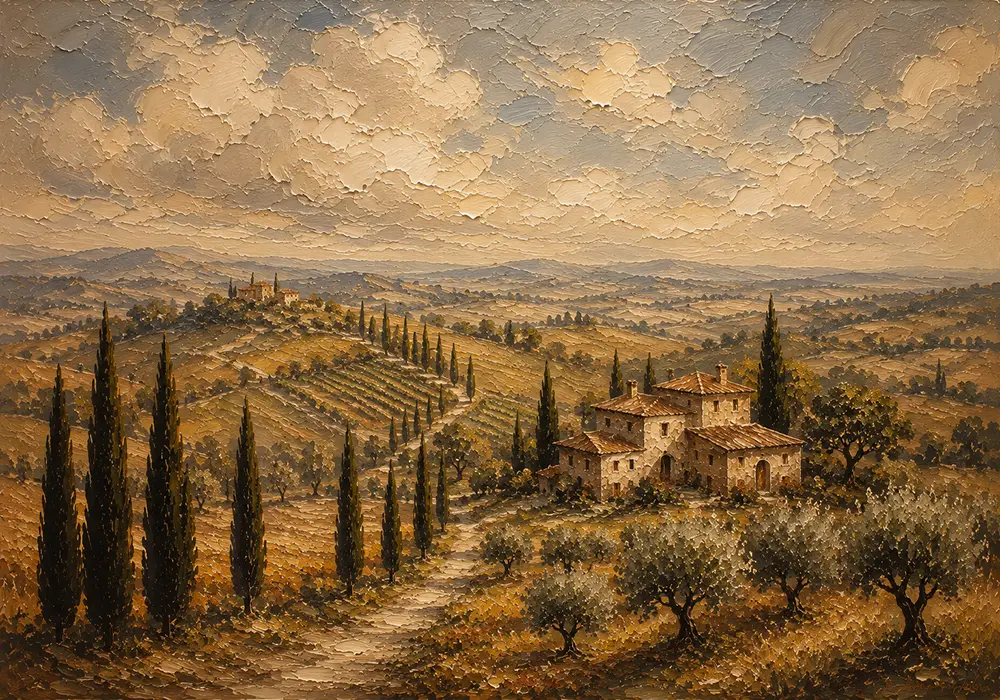 Muted Olive & Ochre Tuscan Landscape Wall Art Canvas Print