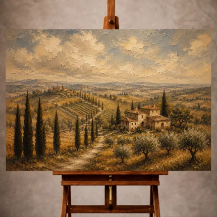 Muted olive and ochre Tuscan Landscape Wall Art print for elegant interiors. No text or watermarks in design.