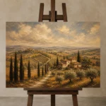 Muted Olive & Ochre Tuscan Landscape Wall Art Canvas Print displayed on a studio easel