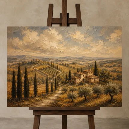 Muted Olive & Ochre Tuscan Landscape Wall Art Canvas Print displayed on a studio easel