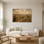 Muted Olive & Ochre Tuscan Landscape Wall Art Canvas Print styled in a refined neutral interior
