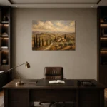 Muted Olive & Ochre Tuscan Landscape Wall Art Canvas Print displayed in a contemporary gallery-inspired room