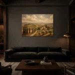 Muted Olive & Ochre Tuscan Landscape Wall Art Canvas Print shown in a warm modern interior