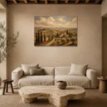 Muted Olive & Ochre Tuscan Landscape Wall Art Canvas Print presented in a sophisticated home setting