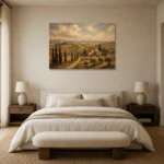 Muted Olive & Ochre Tuscan Landscape Wall Art Canvas Print showcased in an elegant minimalist interior