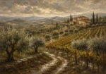 Deep Olive & Ochre Tuscan Landscape Wall Art Canvas Print