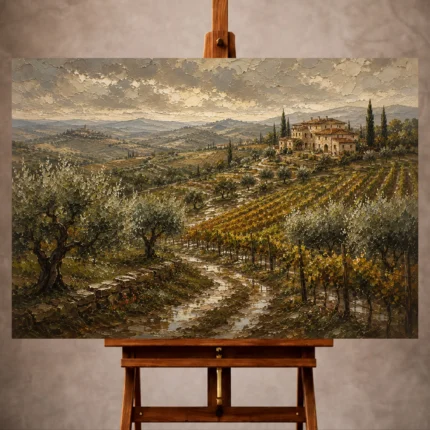 Deep olive and ochre Tuscan Landscape Wall Art print for elegant interiors. No text or watermarks in design.
